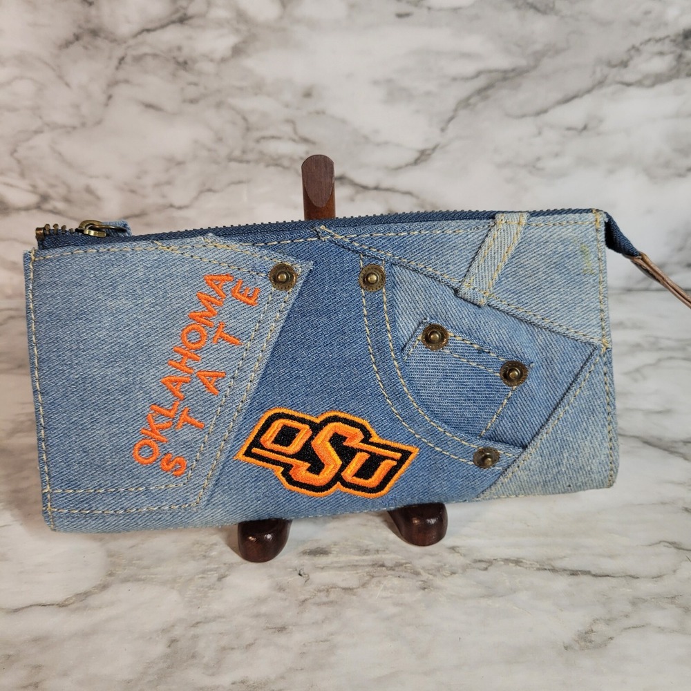 Oklahoma State Womens Denim Wallet NWOT Blue And Orange